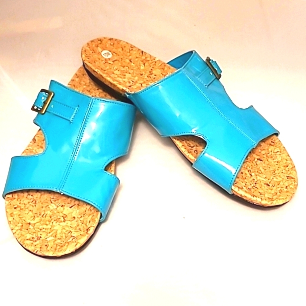 Slides Sandals Turquoise blue brass buckle patent vegan leather EUC